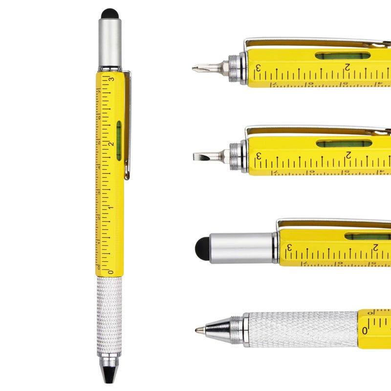 DUNBONG Metal Multi tool Pen 6-in-1 Stylus Pen - With Screwdriver, Ballpoint Pen Black ink, Stylus pen, Level and Ruler, 1-Count (Yellow) - Image 1